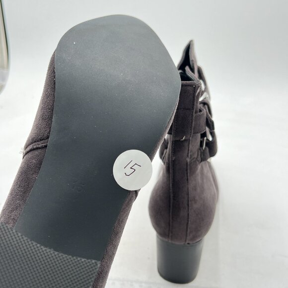 Dark Brown Block Low Heel Suede Cowgirl Boot Pull on Ankle Boot with Buckle - Picture 5 of 6